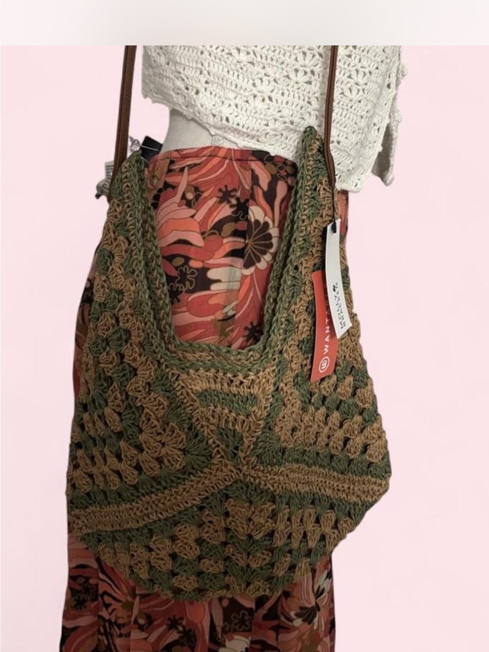 Molly Bracken NWT Crochet Woven Shoulder Bag Sage Green Beige